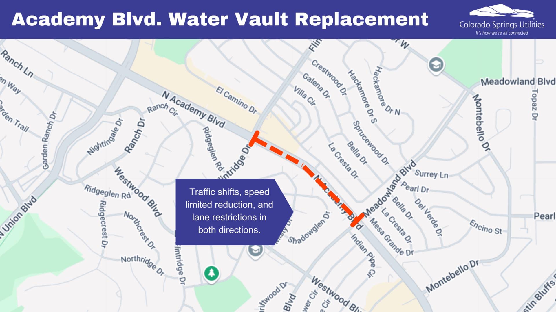 Map that shows the closure of N. Academy Boulevard between Flintridge Drive and Meadowland Boulevard