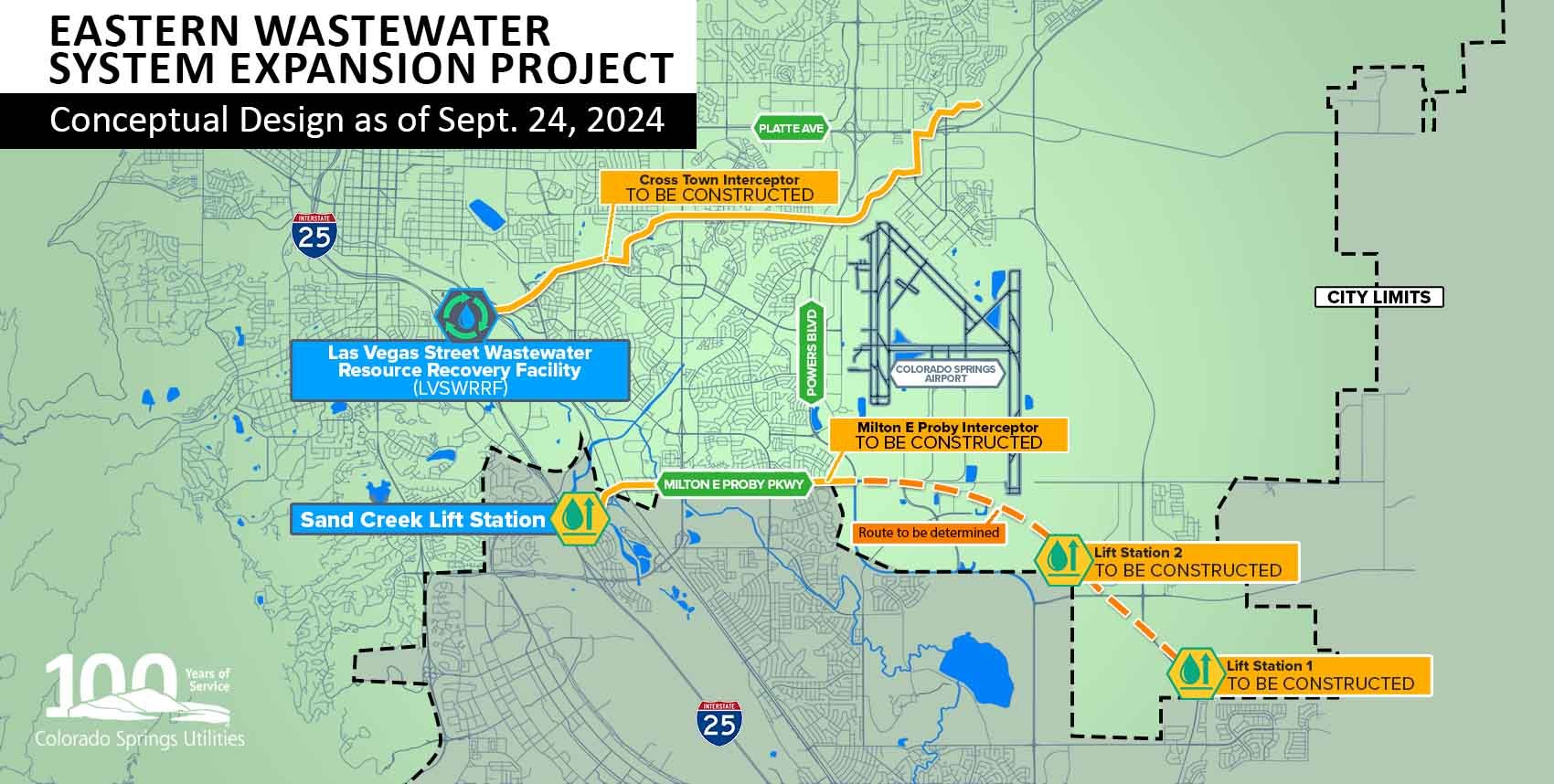 Map of the Eastern Wastewater System Expansion Project. The map displays the sites of 2 lift stations, two are located southeast of the COS Airport. It also shows a cross town interceptor that would need to be constructed south of Platte Avenue, crossing Powers Boulevard near the airport, ending north of the airport. The other interceptor runs along Milton E. Proby parkway connecting the new lift stations to the Sand Creek lift station.