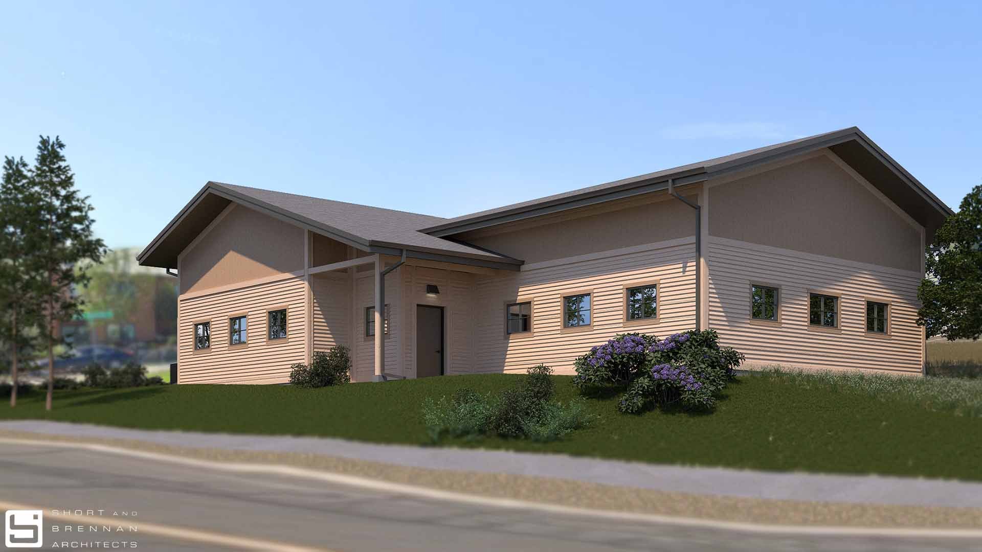 Computer rendering of a residential building painted light brown with windows and a porch.