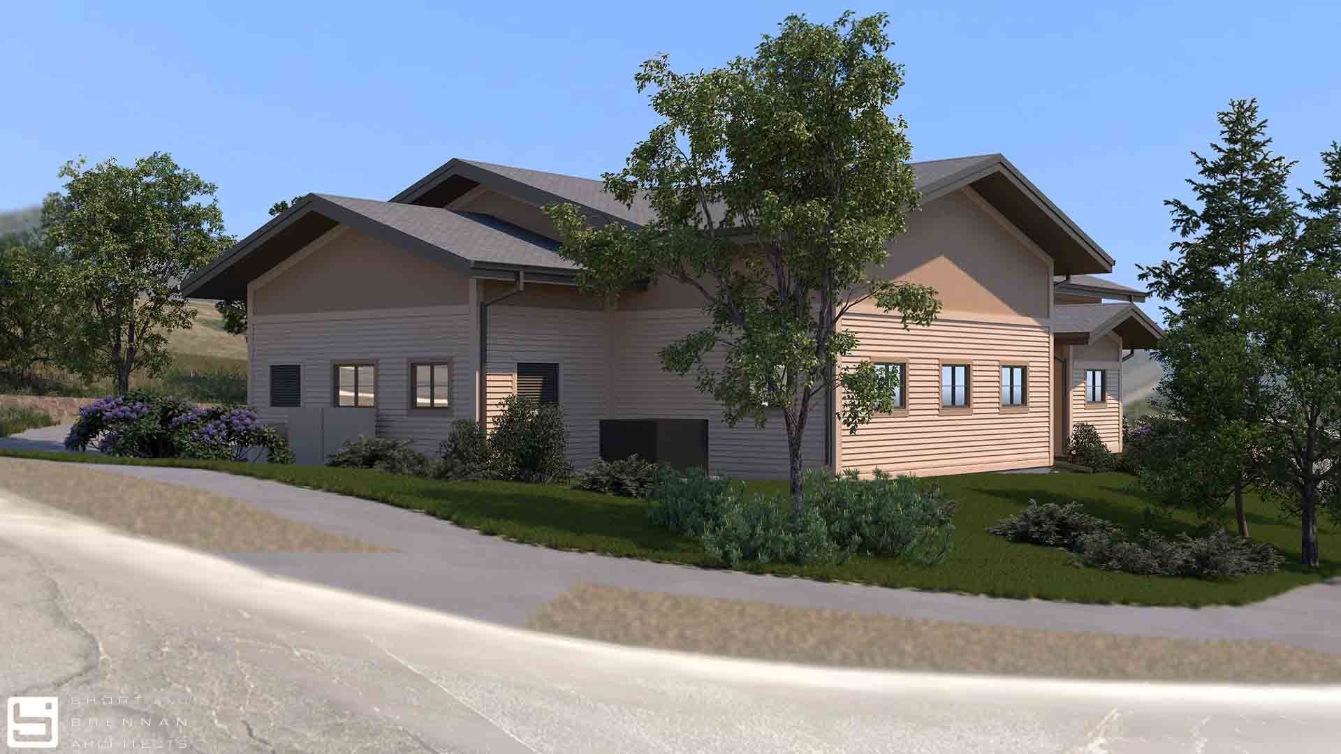 Computer rendering of a residential building painted light brown with a gable roof and 9 windows..