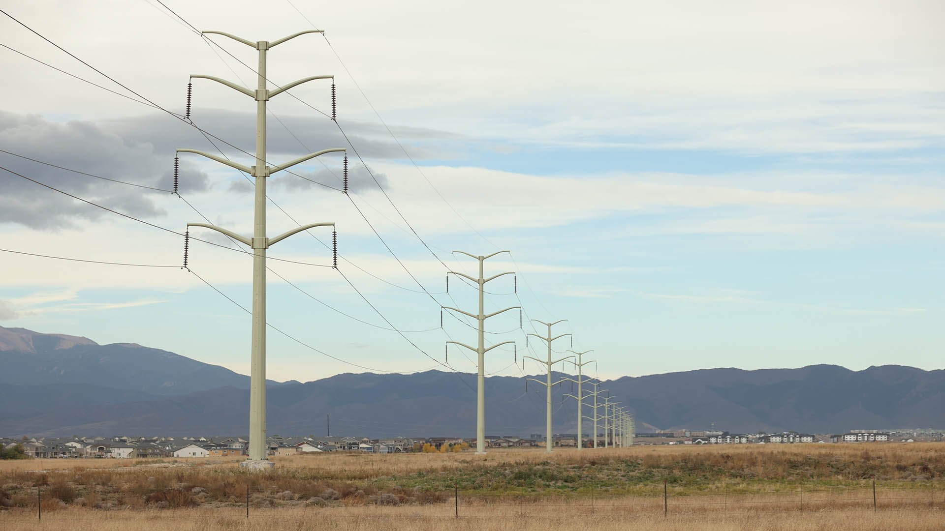 Large power lines in an open field on the east side of Colorado Springs.