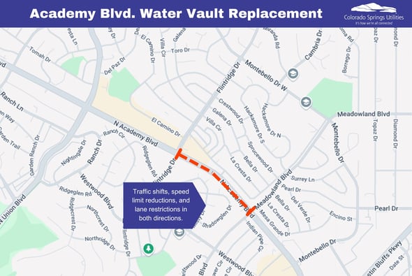 A map detailing the area affected by traffic impacts. This area is Academy blvd. in between Flintridge and Meadowland.