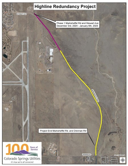 An aerial view of Marksheffel with a line showing where the waterline will be installed.