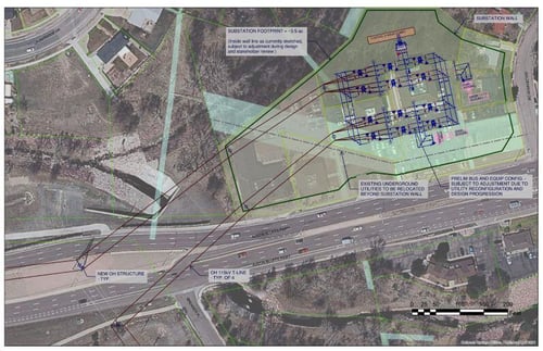 A google maps aerial view of a substation, with graphics outlining the area of the substation and it's footprint. 