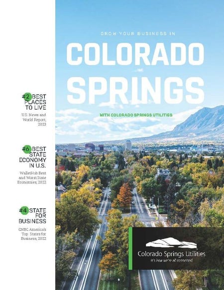 A graphic about growing your business in Colorado Springs. The photo is an aerial view of Colorado Springs on a sunny day. 