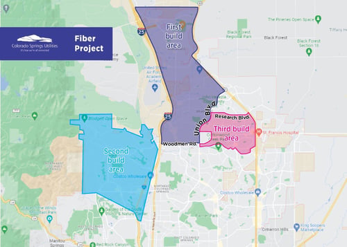 An aerial map of northern Colorado Springs showing where fiber optic internet will be installed in three areas. 