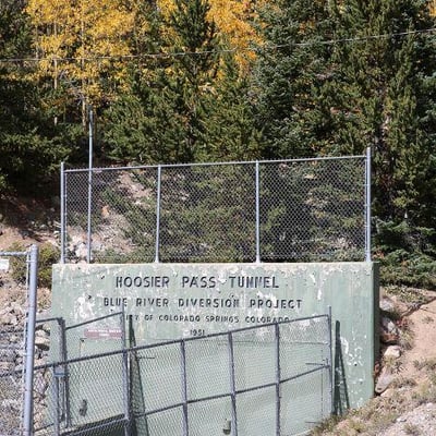 The start of the Hoosier Pass Tunnel. Text reads: "HOOSIER PASS TUNNEL BLUE RIVER DIVERSION PROJECT CITY OF COLORADO SPRINGS, COLORADO 1951."