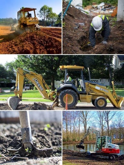 A collage of 6 scenes of excavation work. It includes heavy yellow machinery moving earth and a worker in a helmet digging with a shovel. 