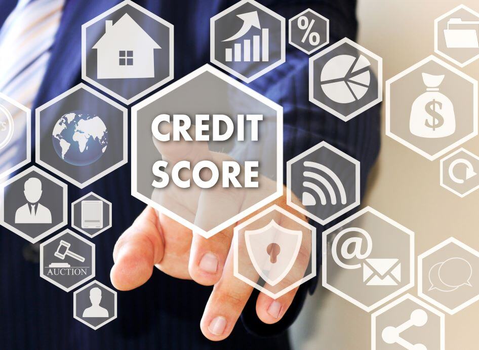 A graphic overlay depicts a person in a suit, presenting various icons related to finance, centered around a hexagon with the words “CREDIT SCORE”.