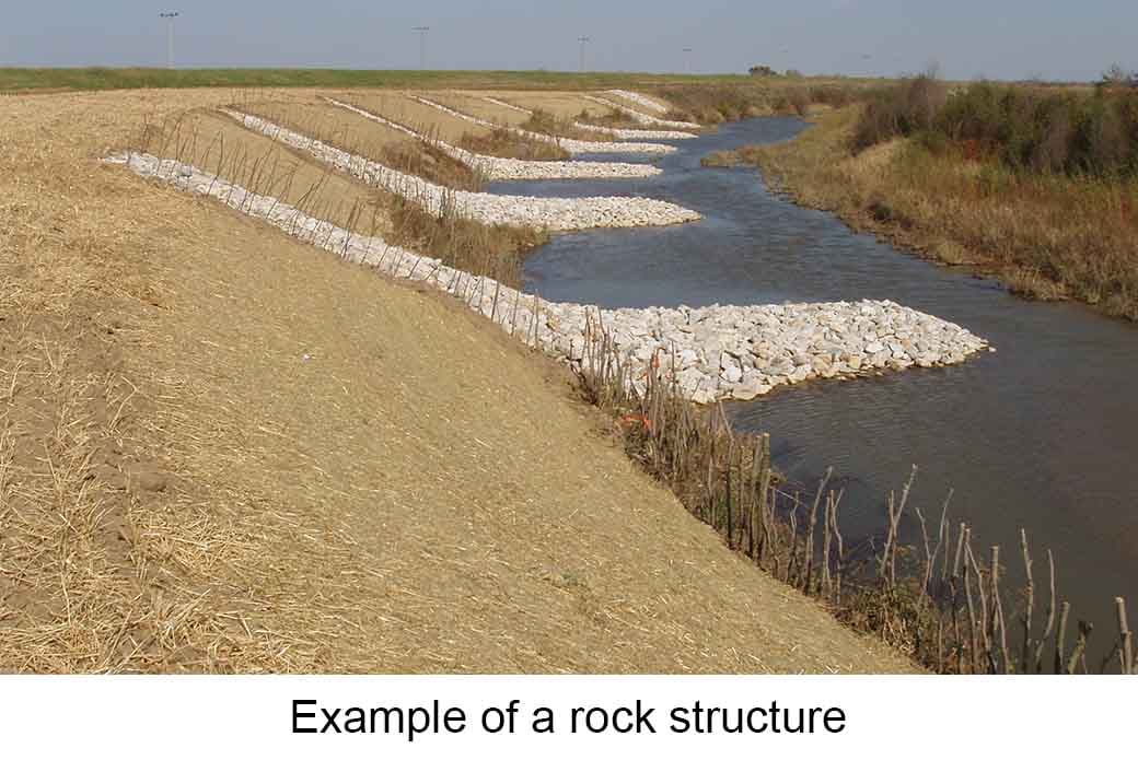 Multiple rock structures along a river. The structures form a barrier on the riverbanks. Caption reads: “Example of a rock structure."