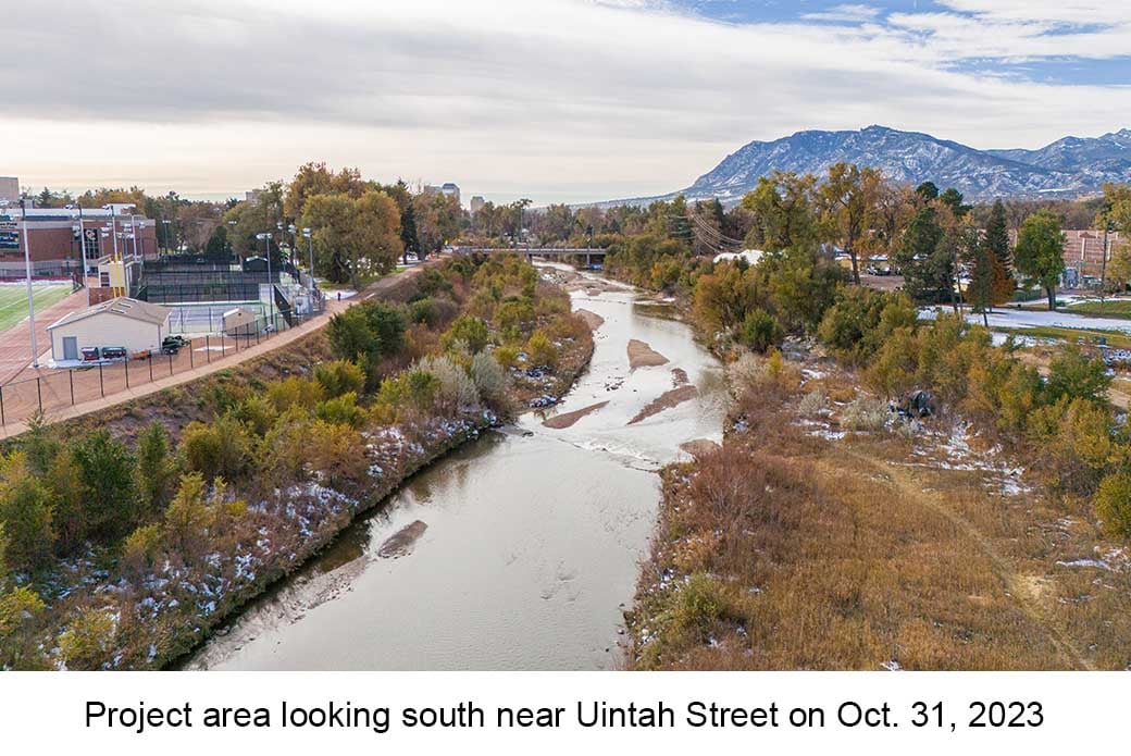 Aerial photo of Monument Creek taken on October 31, 2023. No construction activity is visible along the creek near the Uintah Street bridge.