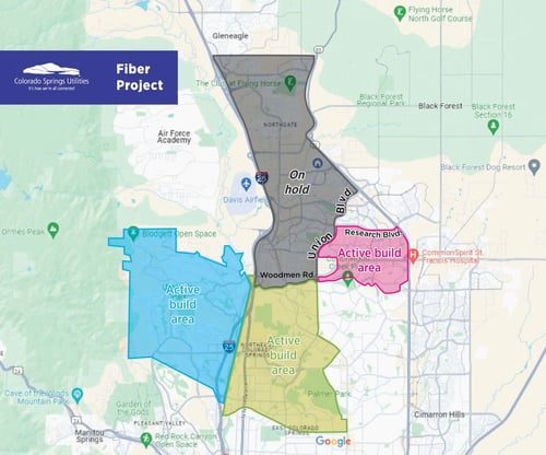 A map of colorado springs with shaded areas showing three active build areas in Rockrimmon, University Village and along Woodmen Road just east of Powers. The northgate and Briargate neighborhood zone is currently on hold. 