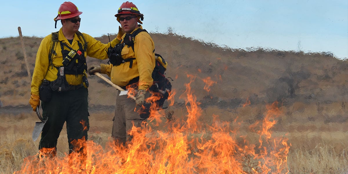 Two wildland firefighters stand near orange flames in a dry grassy field. The firefighters are carrying shovels and are wearing their helmets.